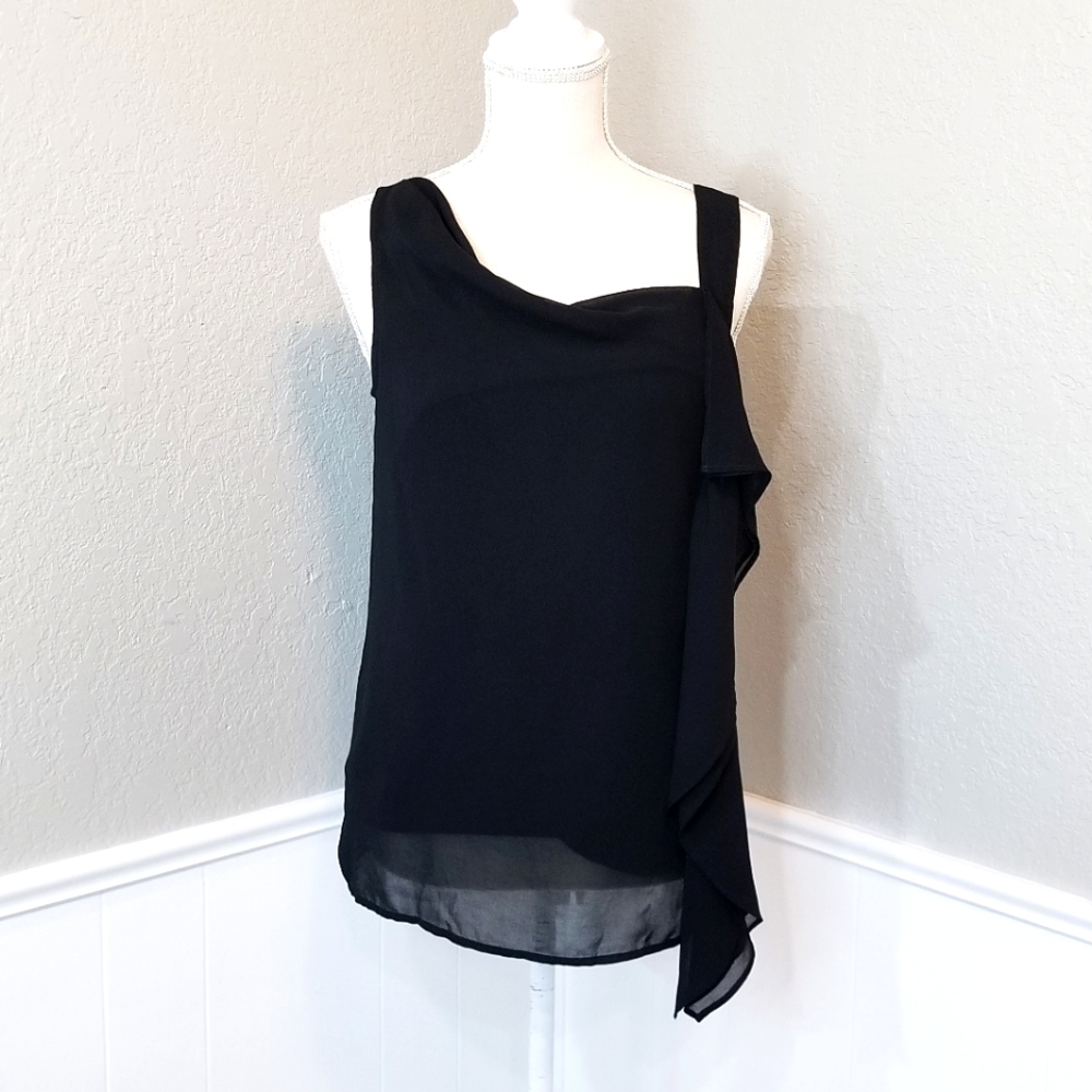 DKNYC Women X-Small Black Draped Asymmetrical Sleeveless Sheer Blouse Top